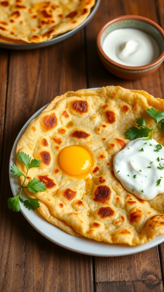 Crispy egg paratha on a plate with yogurt and coriander, highlighting the delicious filling.